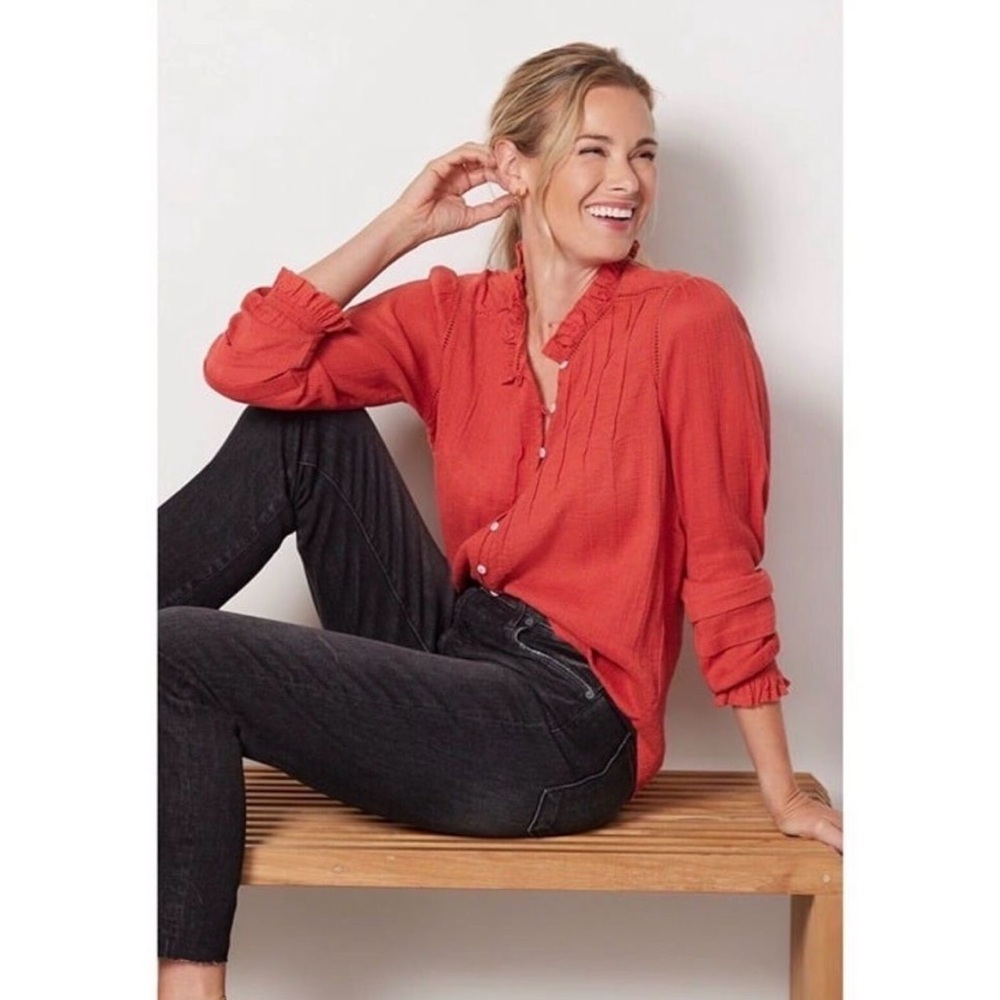 Faherty Willa Pintuck Peasant Blouse Women Medium M Long Sleeve Boho Button Top